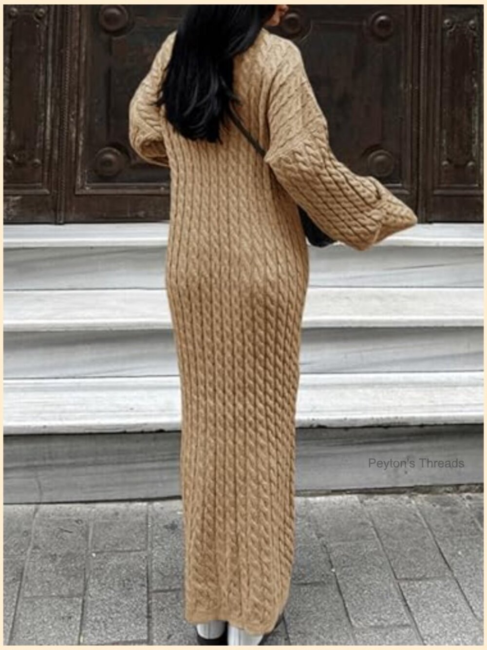 Oversized Cable Knit Sweater Dress Crew Neck Long Sleeve Midi Pullover - Picture 6 of 7